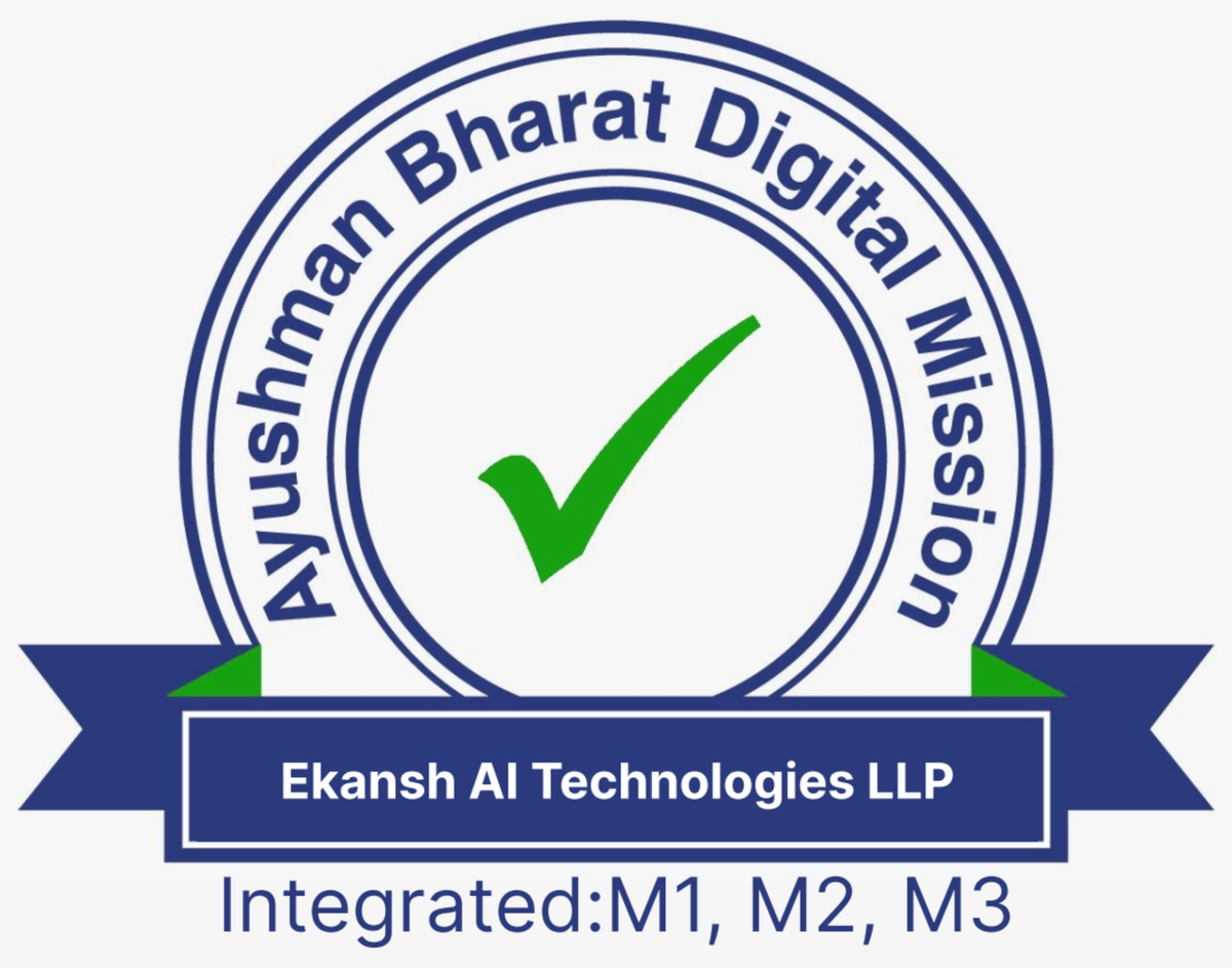Ayushman Bharat Digital Mission seal naming Ekansh AI Technologies LLP as integrated at milestones M1, M2 and M3